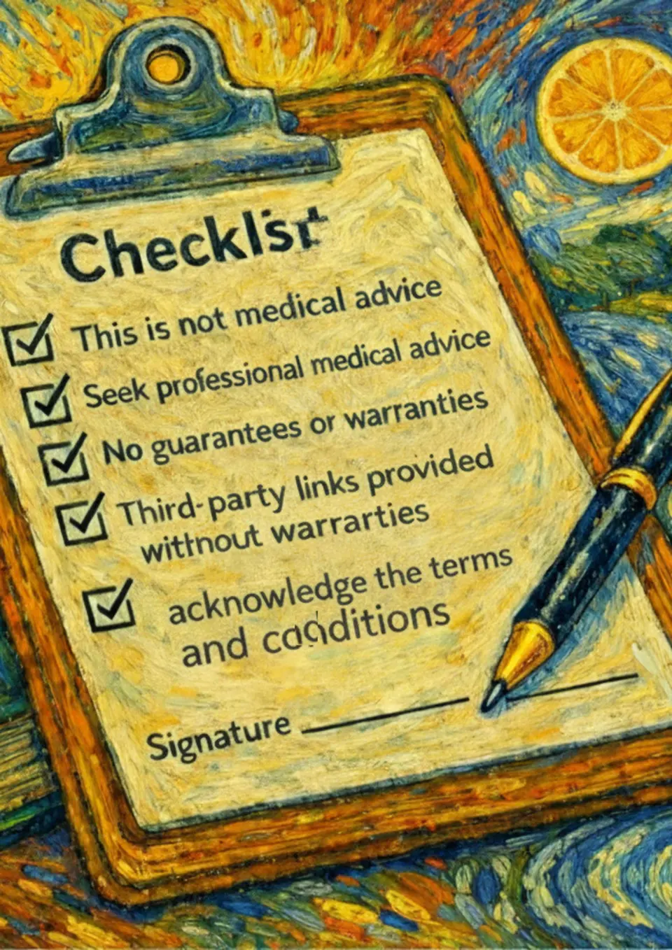 Checklist reminding readers this site is not medical advice.