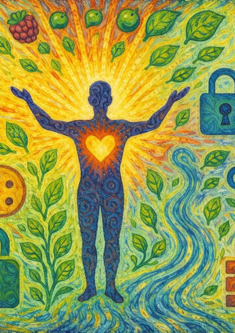 A healthy figure surrounded by privacy and nature symbols.